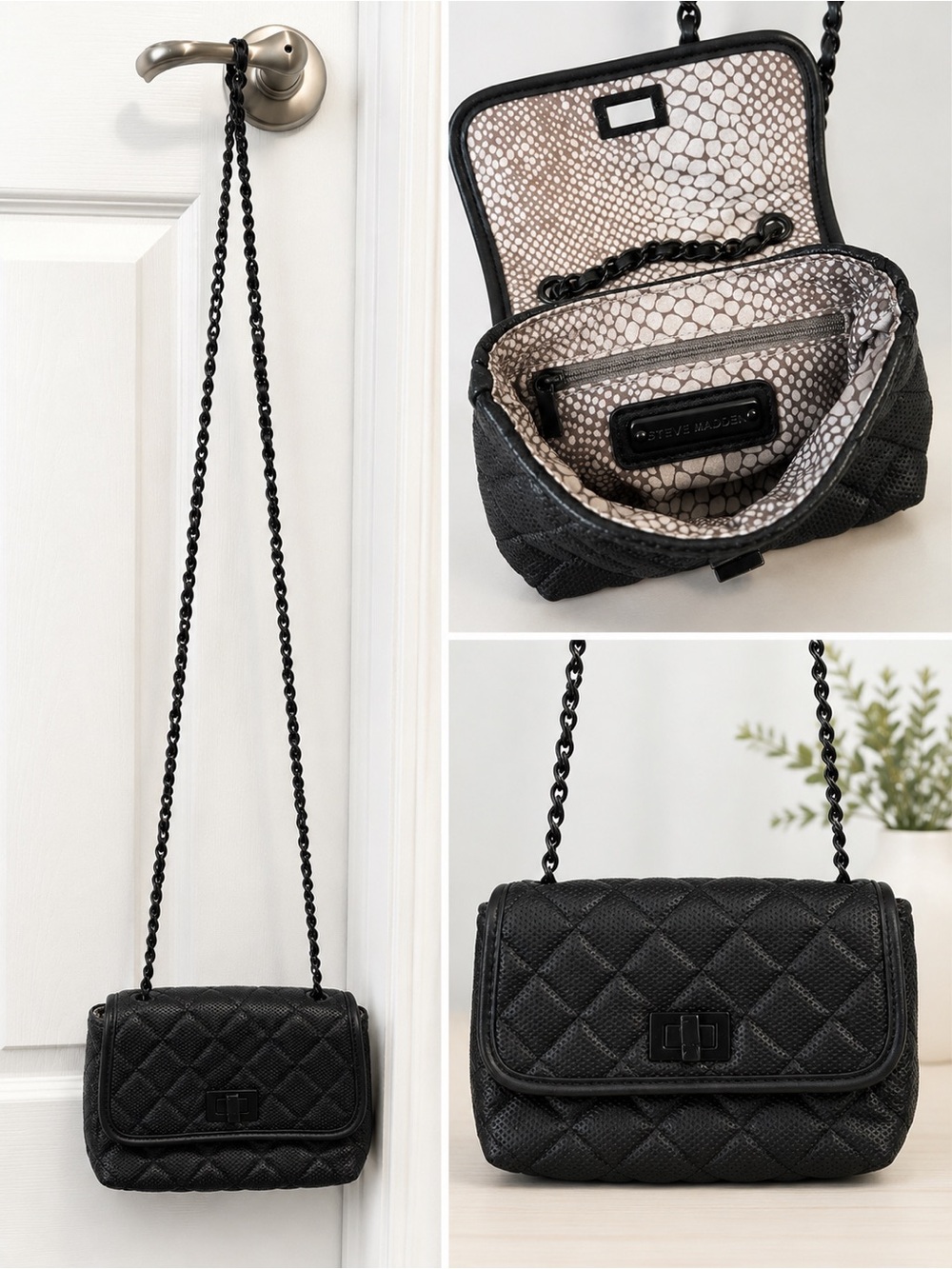 Steve Madden Black Quilted Mini Crossbody with Chain Strap